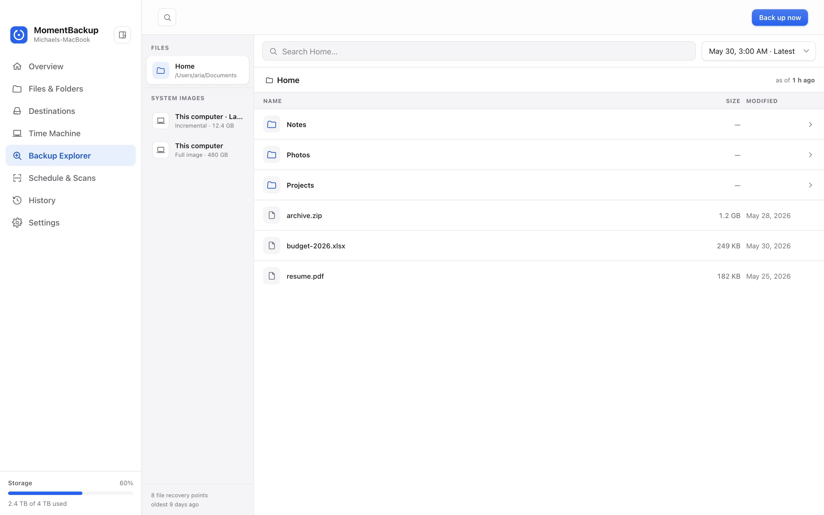The MomentBackup Backup Explorer: the Home folder as it was on May 30 at 3:00 AM, folders and files listed with sizes and dates, and a date picker for stepping between recovery points.